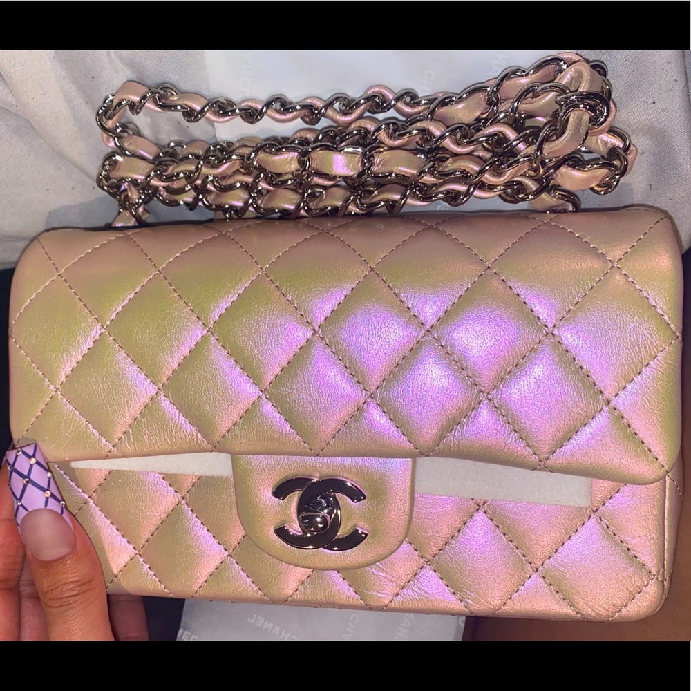 CHANEL Iridescent Lambskin Quilted Mini Rectangle Pink Flap Bag